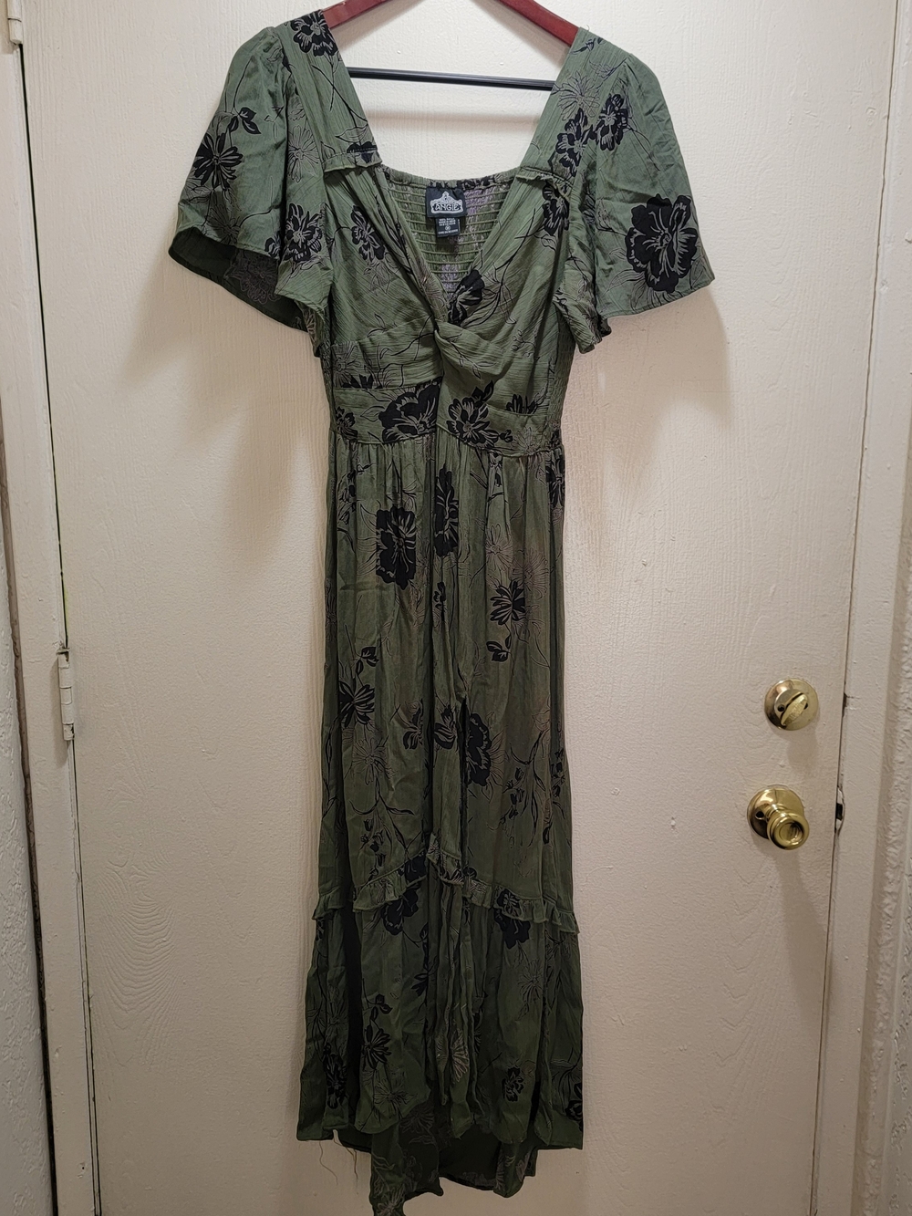 Angie Olive Green Floral Maxi Dress with Black Print